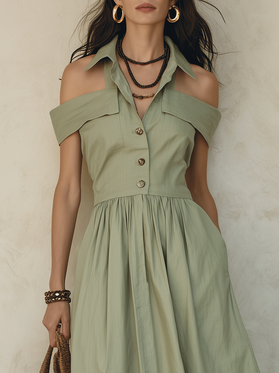 Bohemian Utility Resort Sage Green Button-Front Cotton Midi Dress