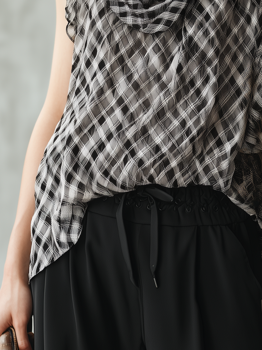 Elegant Black Plaid Ruffle Sleeveless Blouse