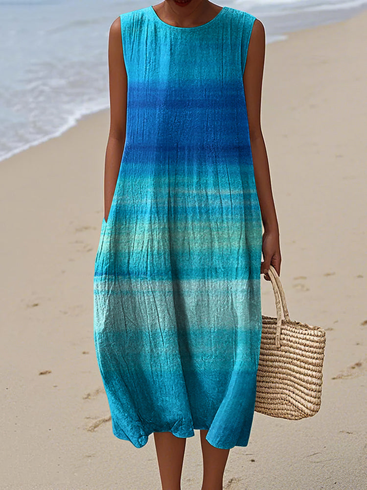 Women's Vintage Blue Gradient Art Print Casual Crew Neck Dress