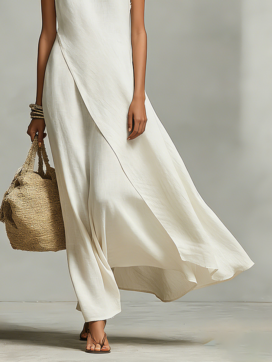 Women's Ivory Breathable Linen Dress With Sleeveless Detail & Asymmetric Hem, Contemporary Casual-Feminine Style Dress