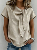 Linen Tie‑Neck Short‑Sleeve Blouse