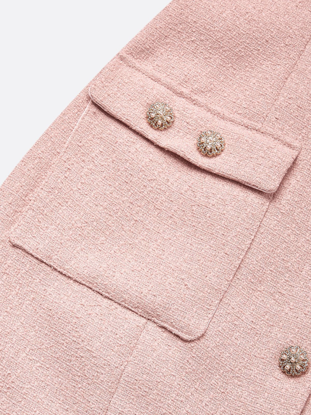 Pink Buckle Pocket Stitching Tweed Spaghetti Sleeveless Sheath Midi Dress