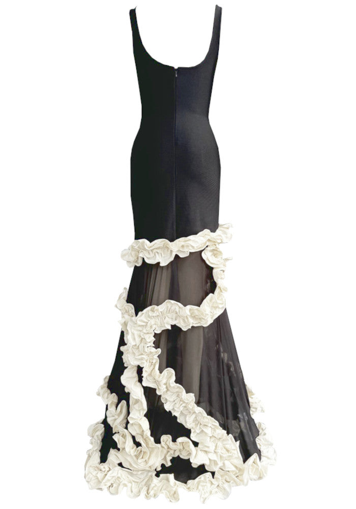 Ruffle Mesh Maxi Dress Black White