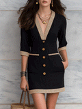 Elegant Contrast Trim Resort Noir Chic V-Neck Pocket Mini Dress