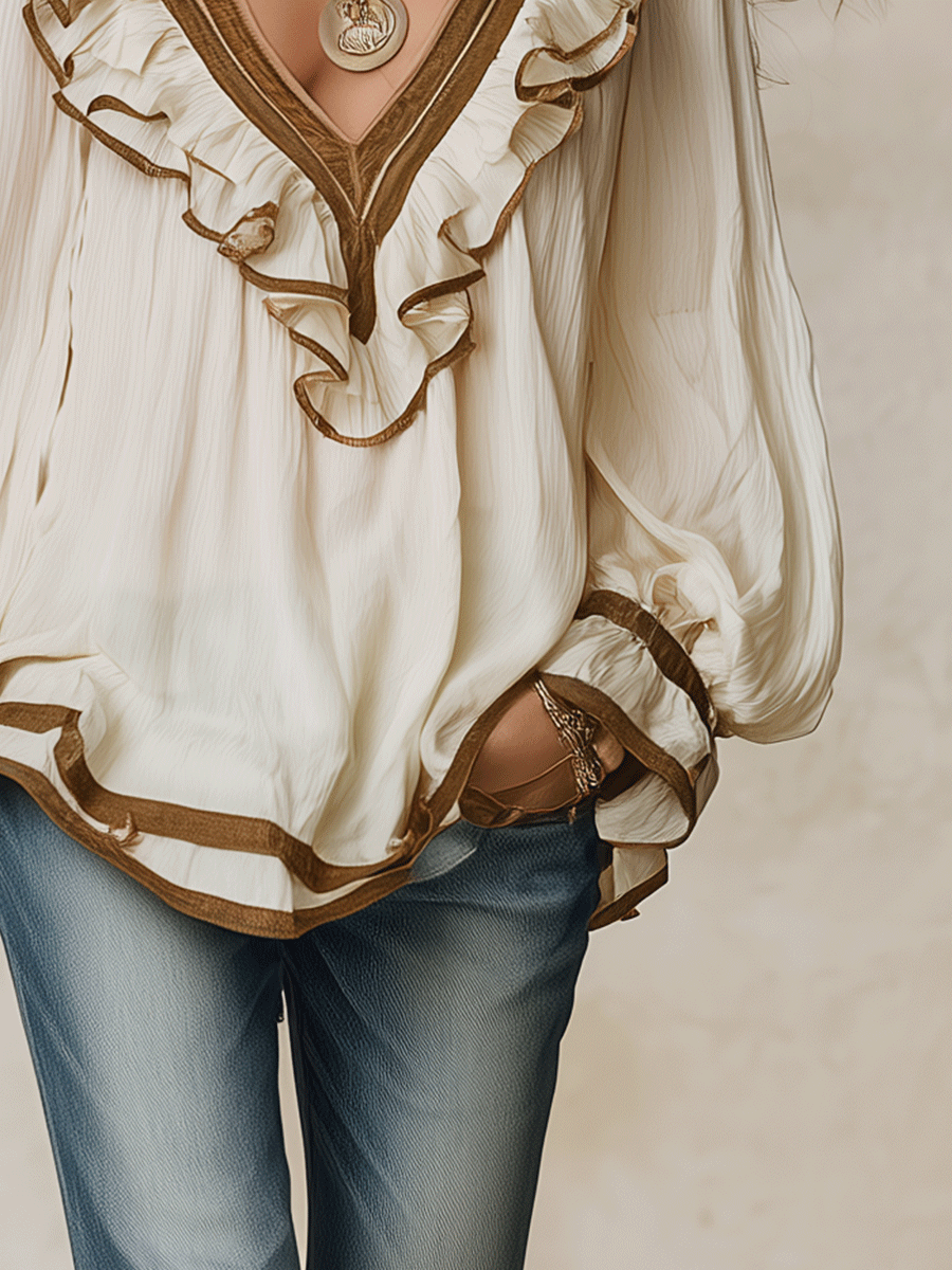 Elegant Vacation Vintage-Inspired Lace Trim Ruffle Blouse