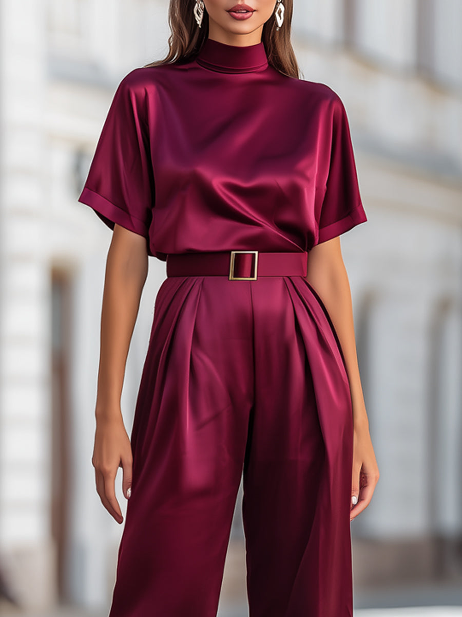 High-Neck Satin Top & Pleated Wide-Leg Trouser Set
