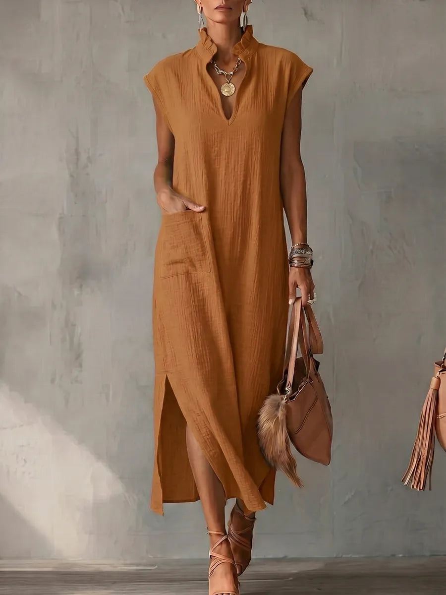 Pockets Ruffle Trim Solid Color Split-side Loose Sleeveless Stand Collar Midi Dresses