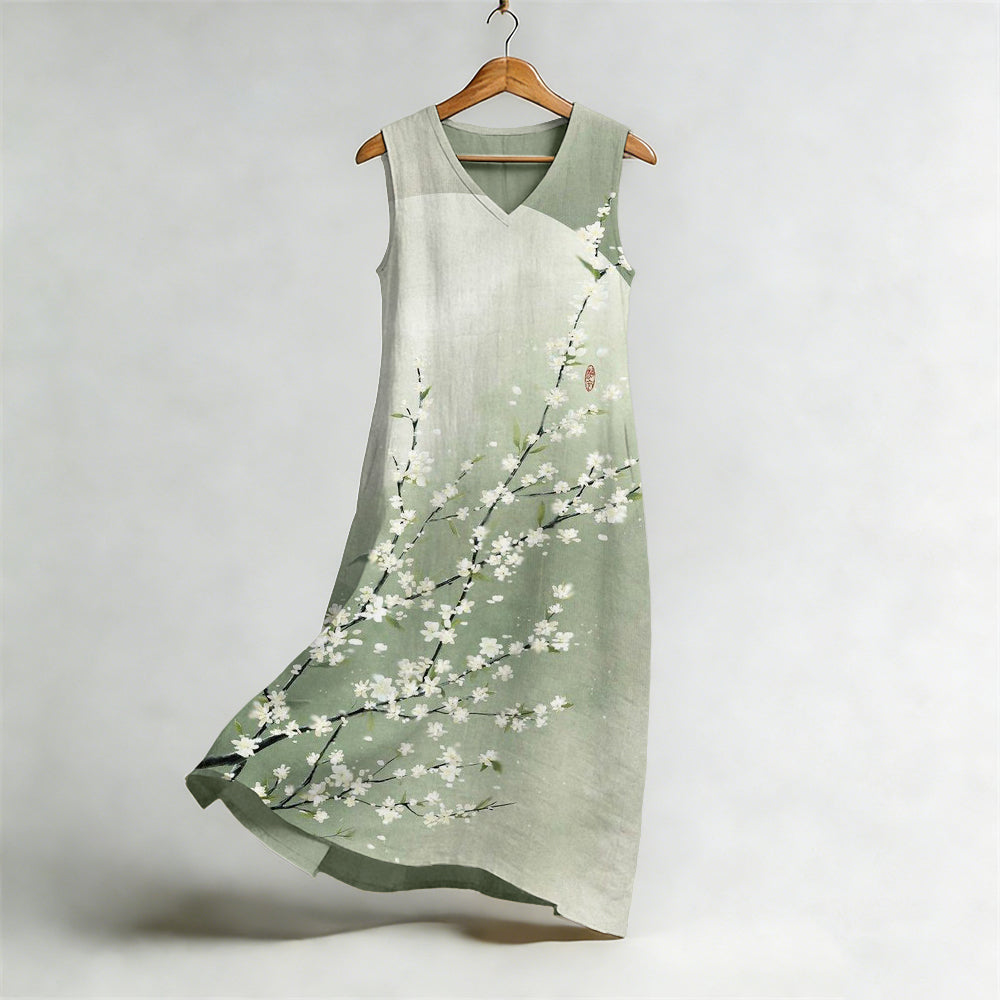 Vintage Pear Flower Art Flowy Linen Midi Dress