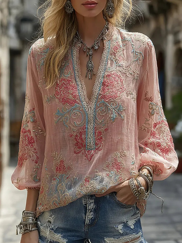 Vintage Floral Embroidered V Neck Casual Tops