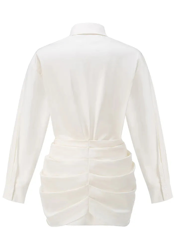 Long Sleeve Draped Floral Shirt Dress White
