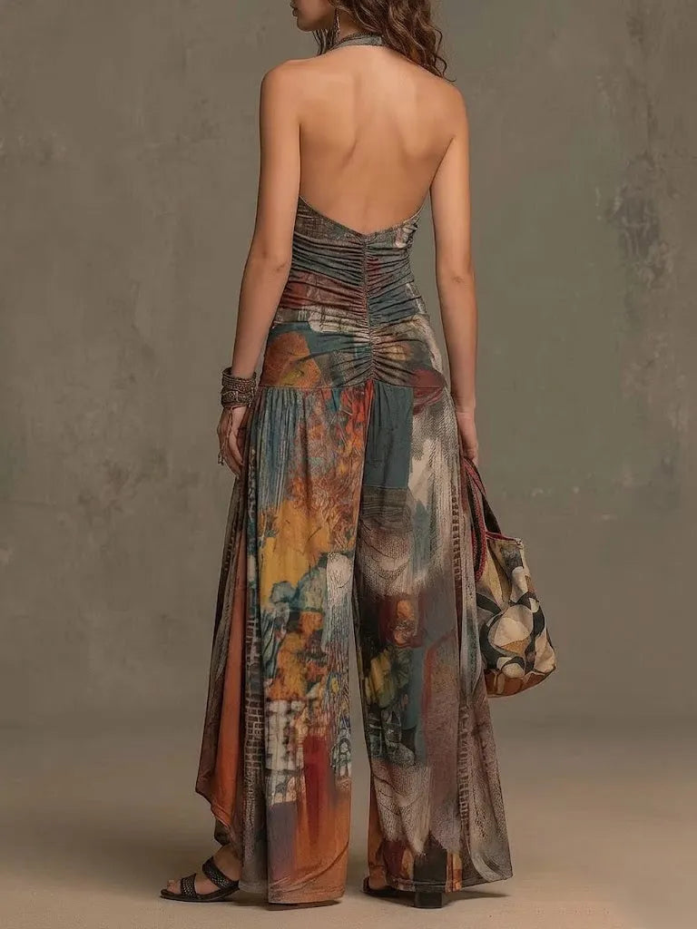 Mixed Cotton Oil Painting Print Halter Neck Front-ruched High-waist High-stretch Draping Wide-leg Jumpsuit