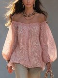 Dusty Rose Pink Wavy Chiffon Off-shoulder Lantern Sleeve Top