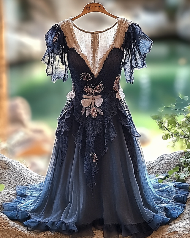Summer Irregular Lace Patchwork BeadedRuffle Dress 9c3f