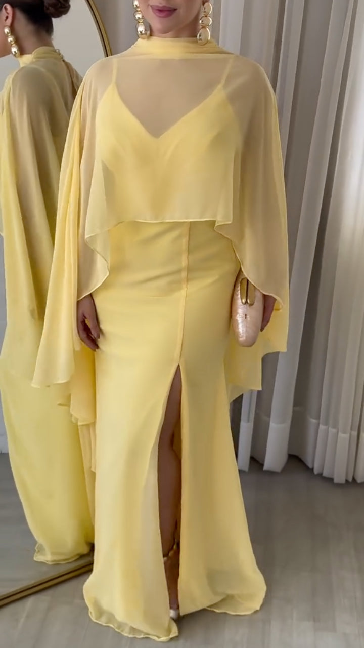 Sheer Shawl With Slit Strap Maxi Dress Set