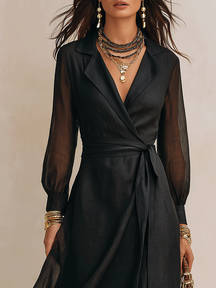 Elegant Resort Sheer Long-Sleeve Surplice Belted Black Maxi Dress