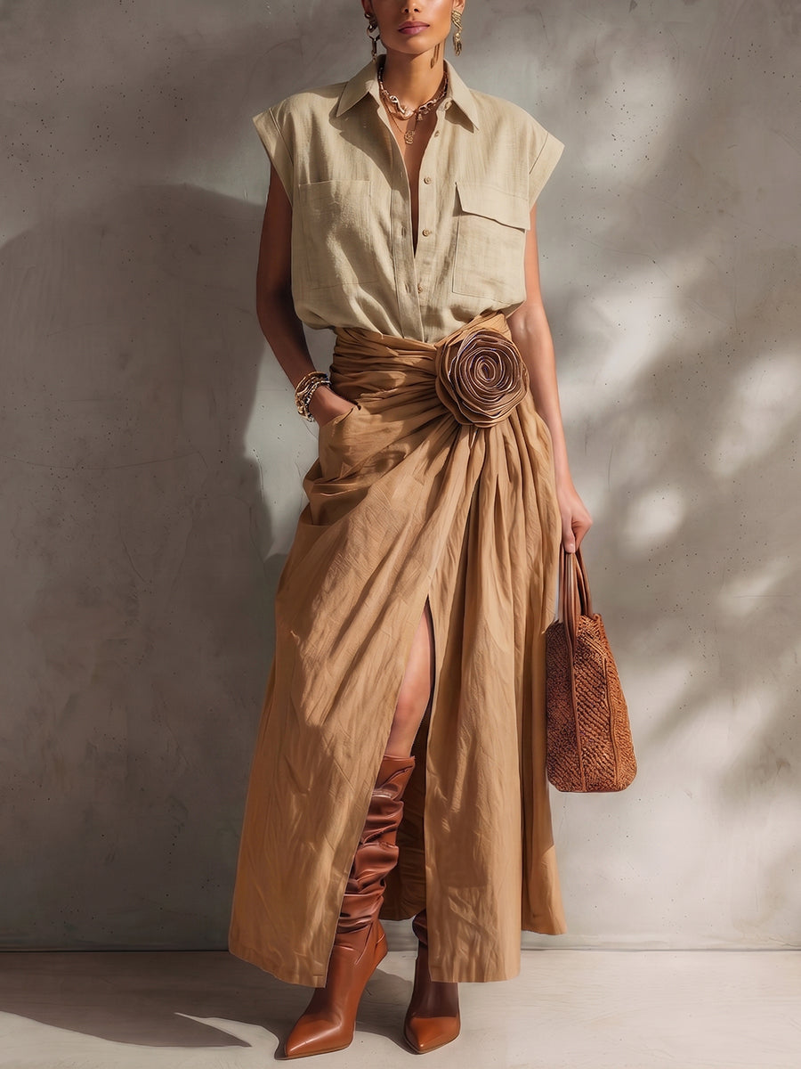 Elegant & Minimalist Polo Collar Cotton-linen Shirt