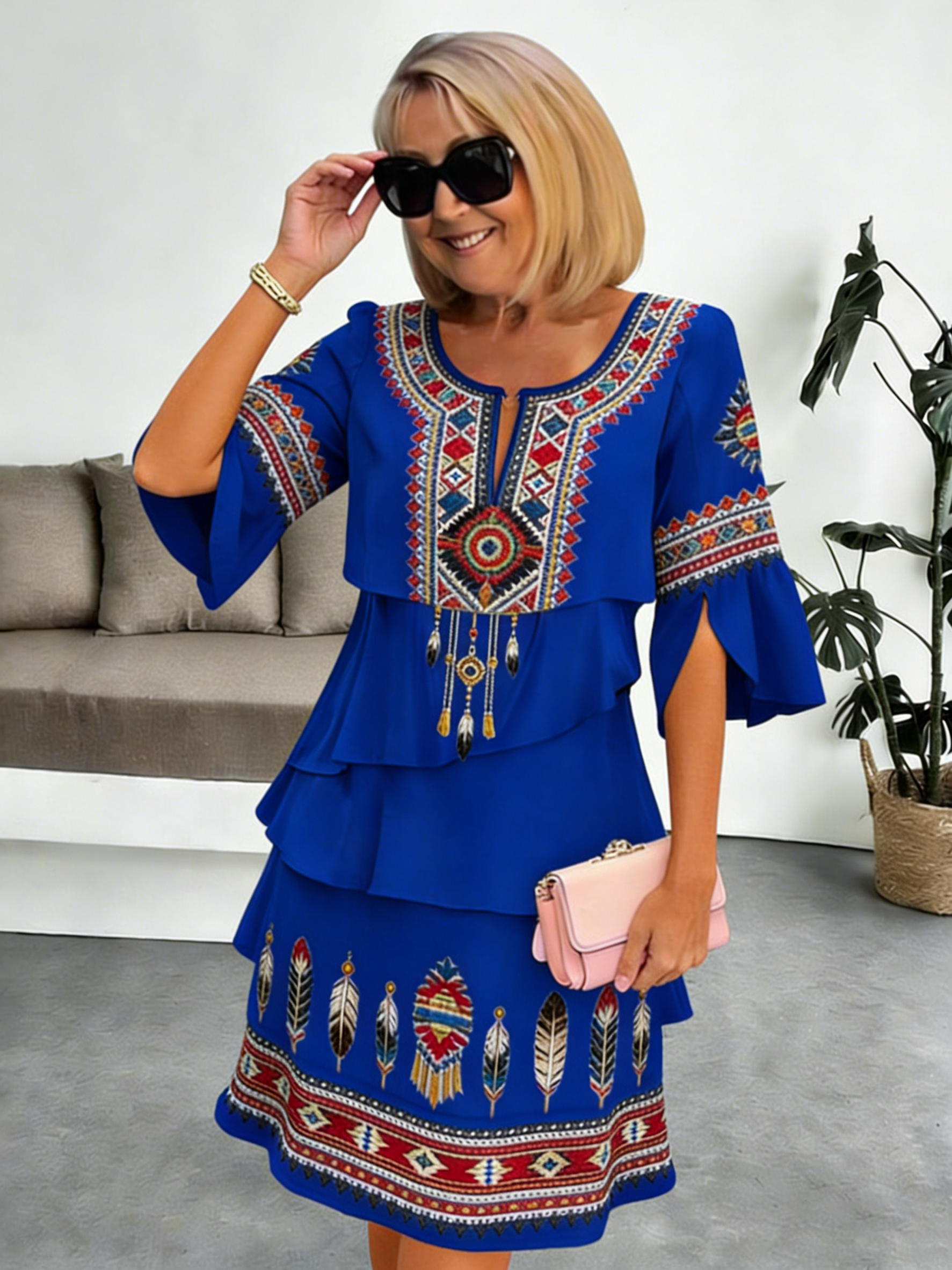 Chiffon Vacation Prints Color Round Neck Cake Skirt Splicing Dress Mid-length