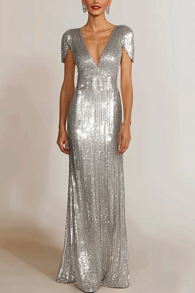 Formal Evening Gold V-Neck Sequins Maxi Dress