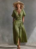 Vintage V-Neck Button Maxi Dress with Pockets