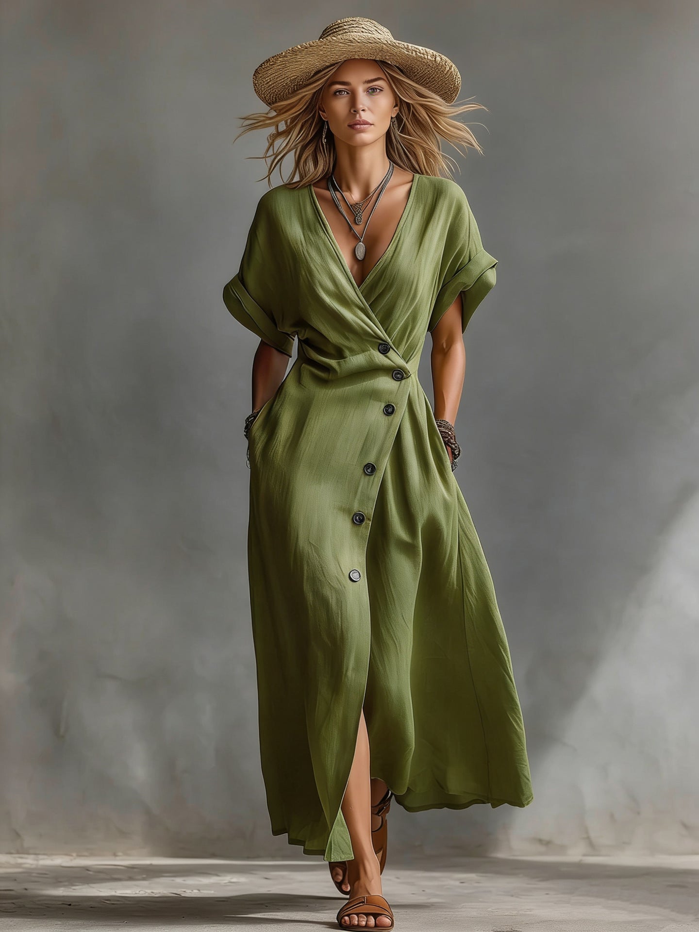 Vintage V-Neck Button Maxi Dress with Pockets