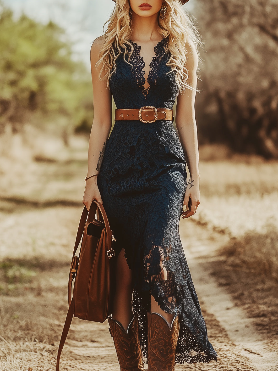 [24-hour shipping out]Vintage Bohemian Blue Lace Sleeveless Midi Dress
