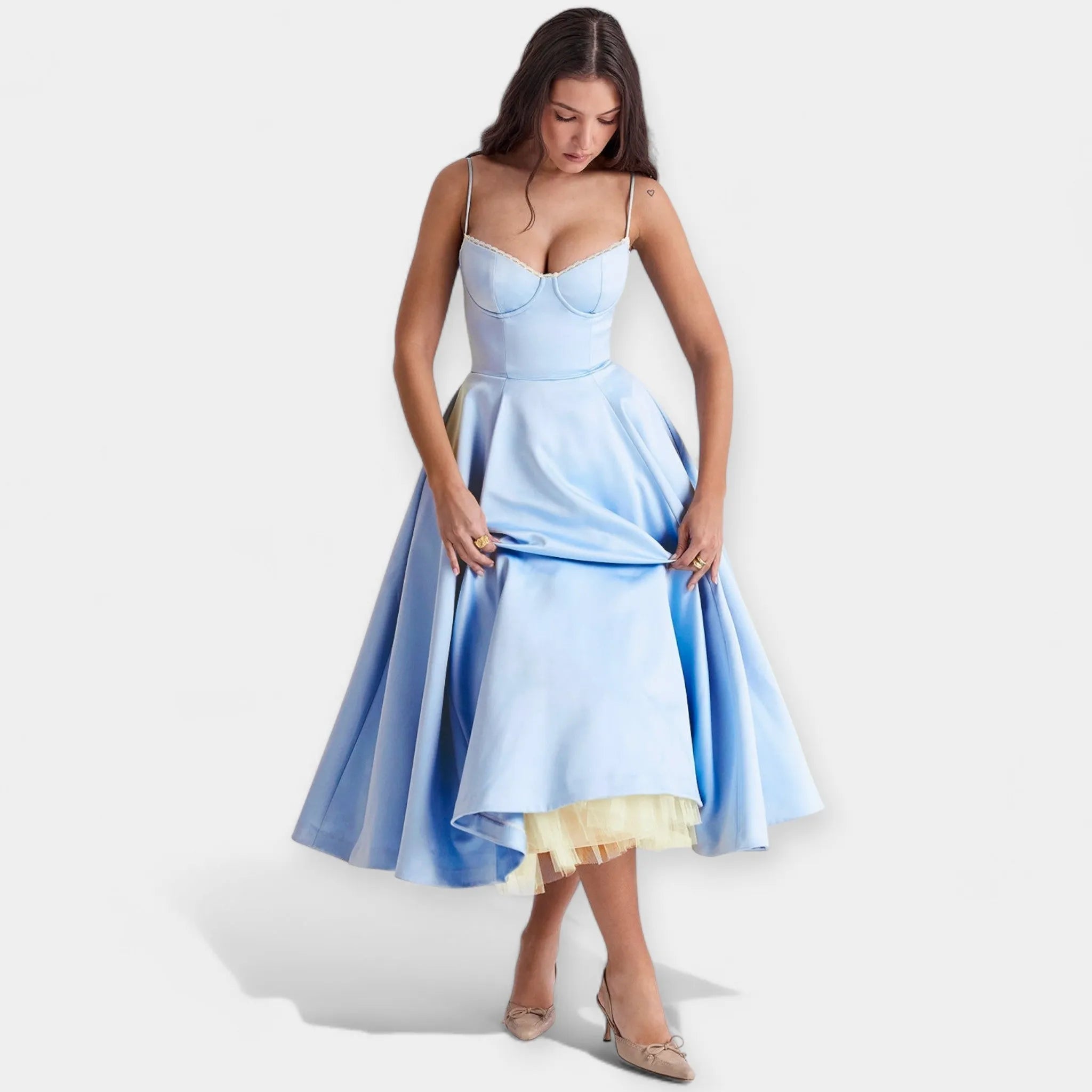 Midi Dress with Tulle Sheer Details