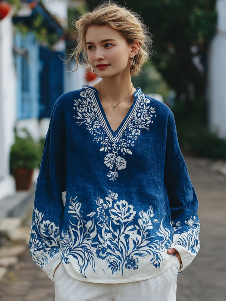Women's Floral Pattern Linen V-neck T-shirt