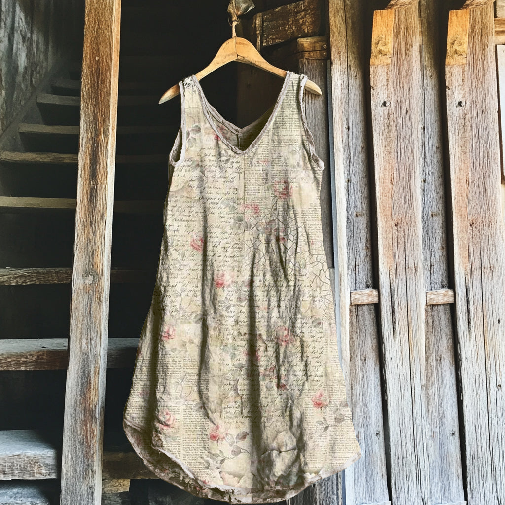 Vintage Floral Art Linen Blend Tank Midi Dress 5010