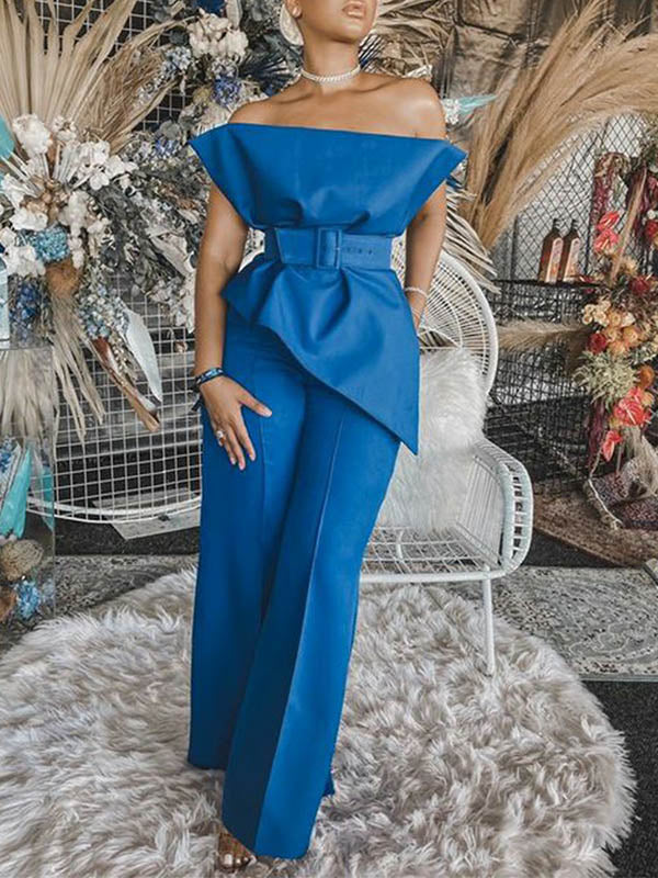 Simple Off-The-Shoulder Empire Belted Solid Color Bandeau Jumpsuit