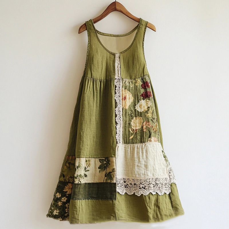 Boho Floral Pattern Lace Patchwork Linen Blend Green Dress dd64