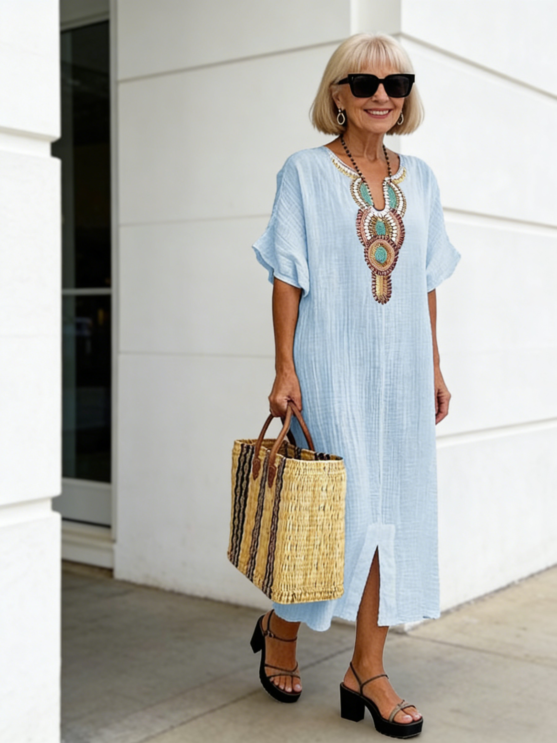 Cotton and Linen Embroidered Split Dress