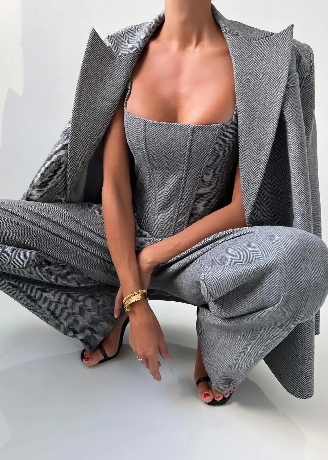 Charcoal Gray Corset Jumpsuit with Matching Blazer