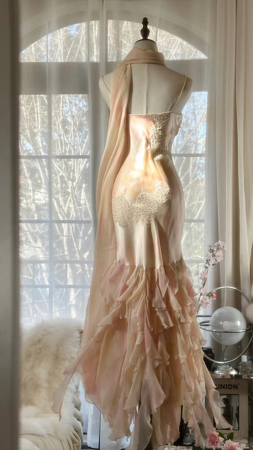 Lit Pink Gorgeous Exquisite Beading Spaetti Strap Long Chiffon Satin Ball Gown Evening Dress Birthday/Holiday Party Dress Prom Dress 4064