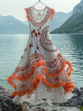 Summer Vacation Ruffle Lace Contrast Color Dress 40ee