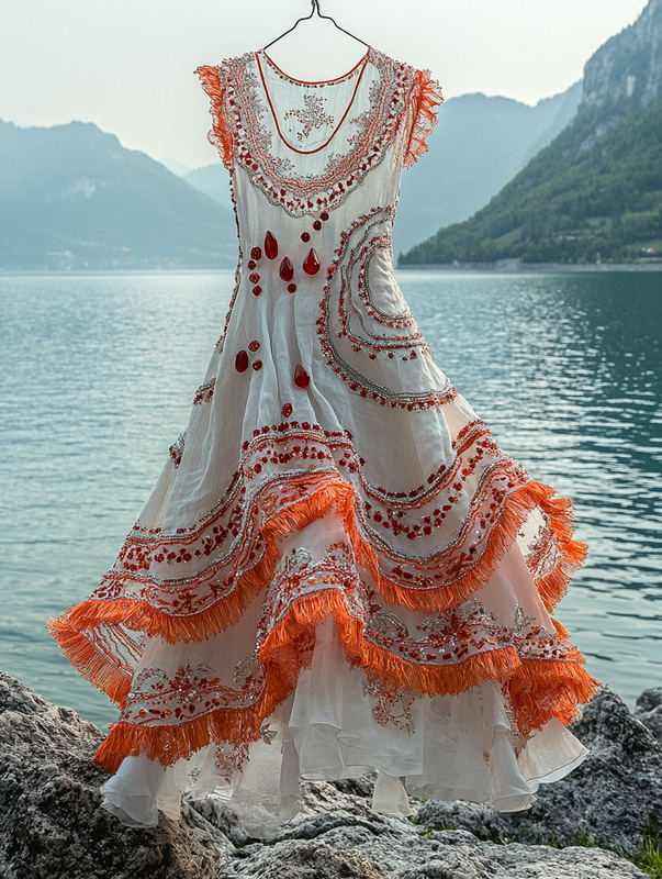 Summer Vacation Ruffle Lace Contrast Color Dress 40ee