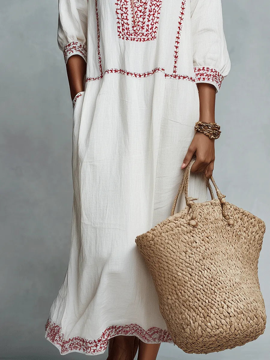 Ethnic Folk Cotton-Linen Embroidered V-Neck Ivory Kaftan Maxi Dress