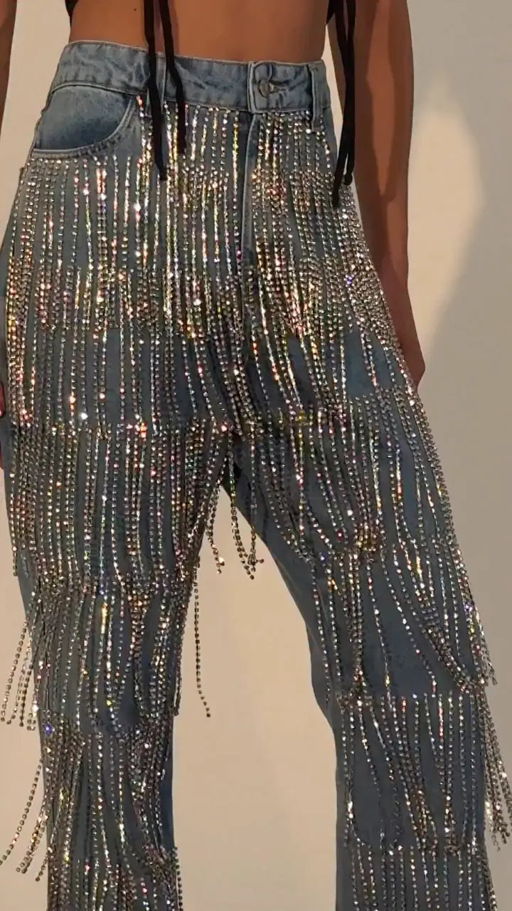 Rhinestone Fringe Flare Jeans
