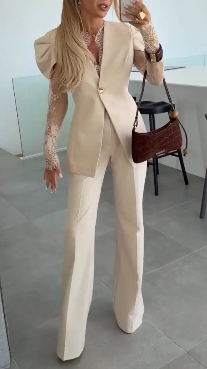 Beige Lace Sleeve Blazer Pants Set