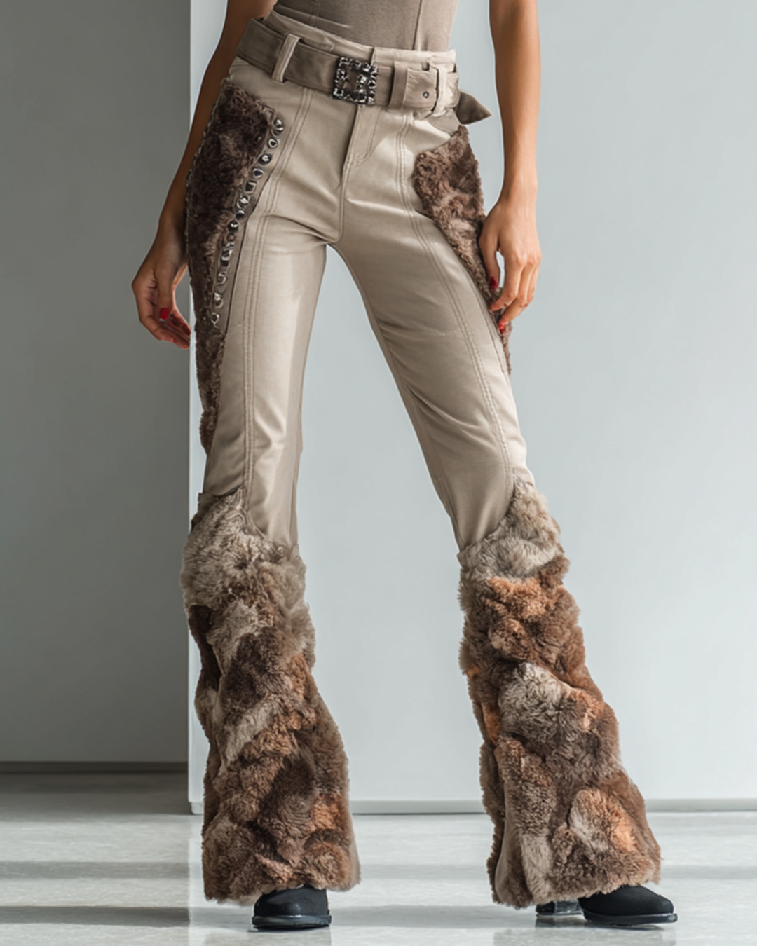 Women's Spring Viking-Inspired Embroidered Faux Fur Patchwork Design Trousers  7905