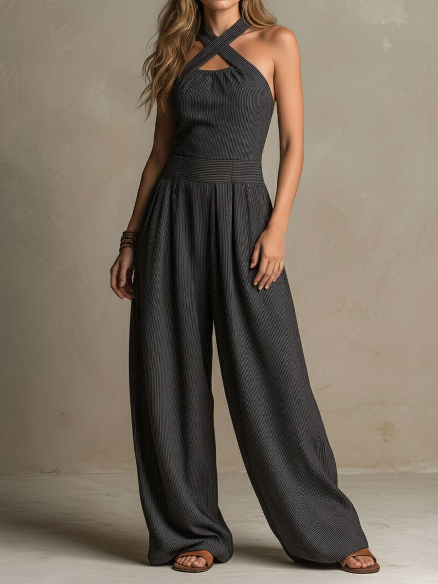 Boho Charcoal Crisscross Halter Pinstripe Wide-Leg Jumpsuit
