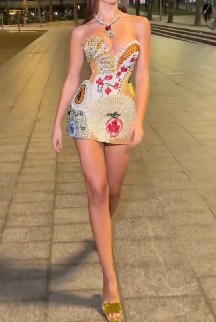 Multi-Color Pearl Beaded 3D Floral Strapless Mini Dress