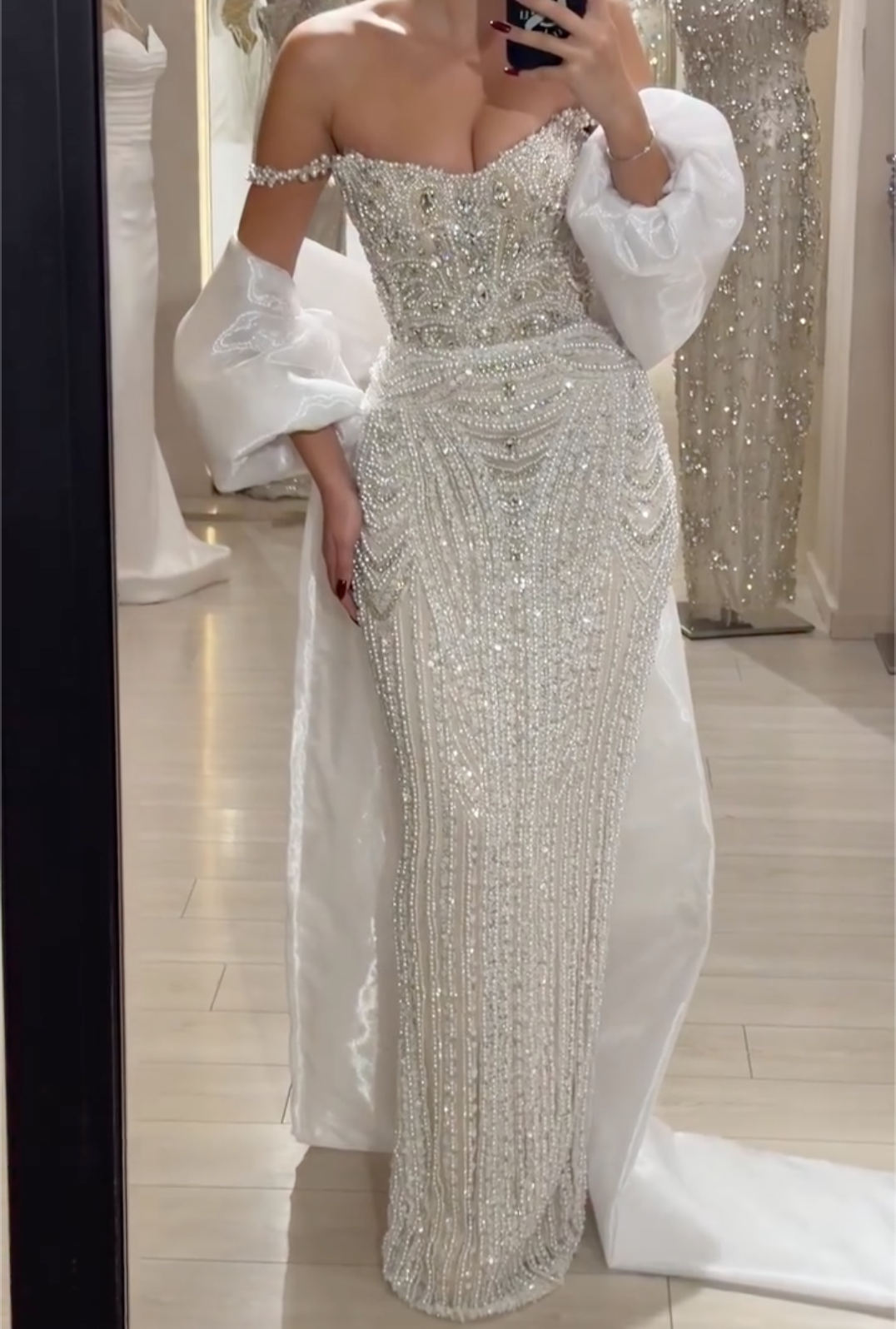 Ivory Beaded Off-the-Shoulder Maxi Dress