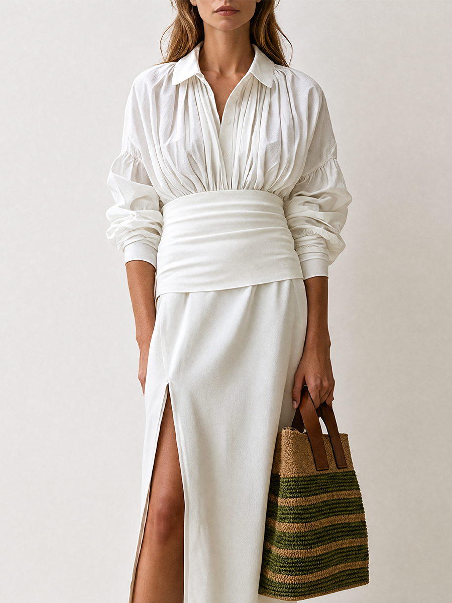Elegant Long Sleeve Blouse With High-Slit Sarong Wrap Skirt Set