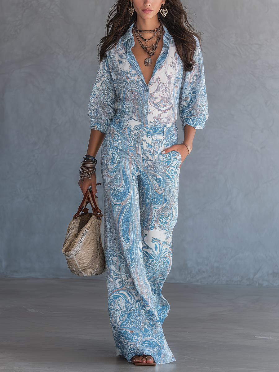 Bohemian Style Sky Blue Paisley Print Wide-leg Pants Suit