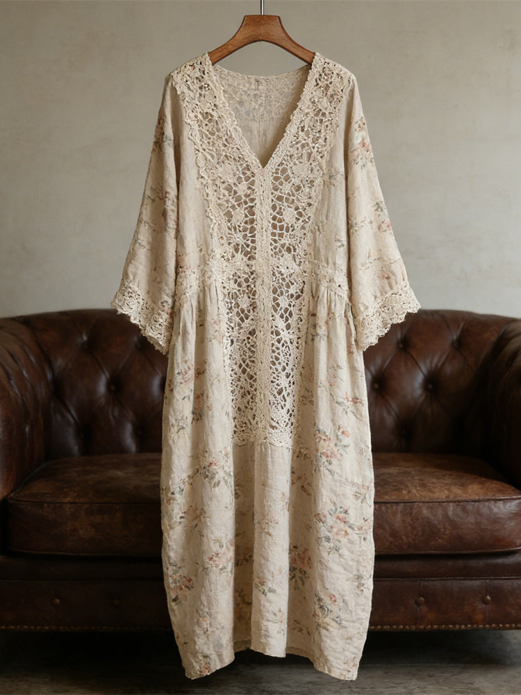 Boho Lace Floral Patchwork Women's Linen V-neck Long Dress