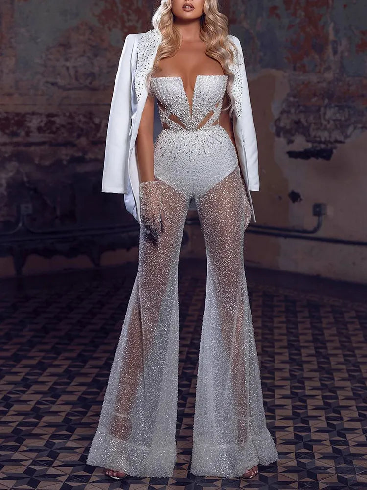 Bandeau Solid Color Beaded Lace See-Through Backless Wide Leg Jumpsuits