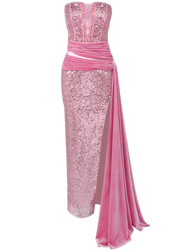 Strapless Sequin Draped Maxi Dress Pink
