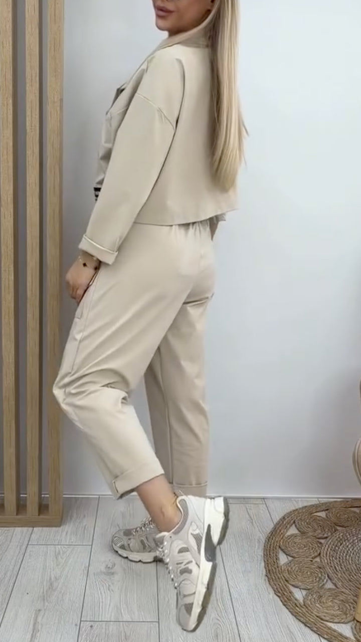 Cropped Trench Coat & Asymmetrical Wrap Cargo Pants Set