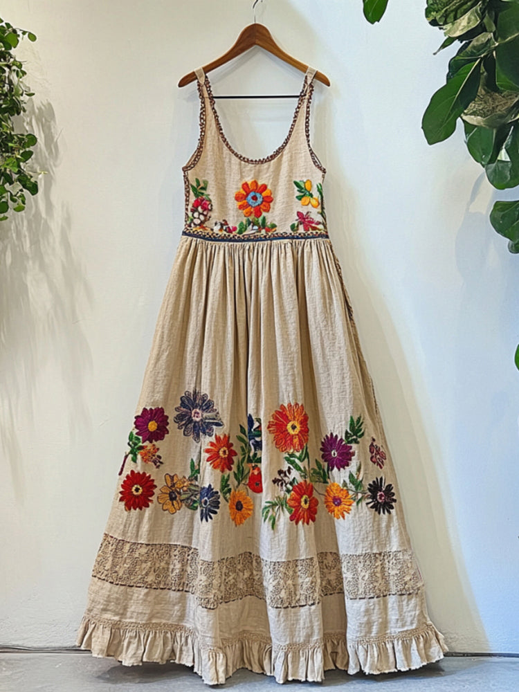Women's Bohemian Floral Embroidered Long Suspender Skirt