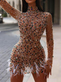 Banquet Long Sleeves Beaded See-Through Feathers Statement Mini Dresses